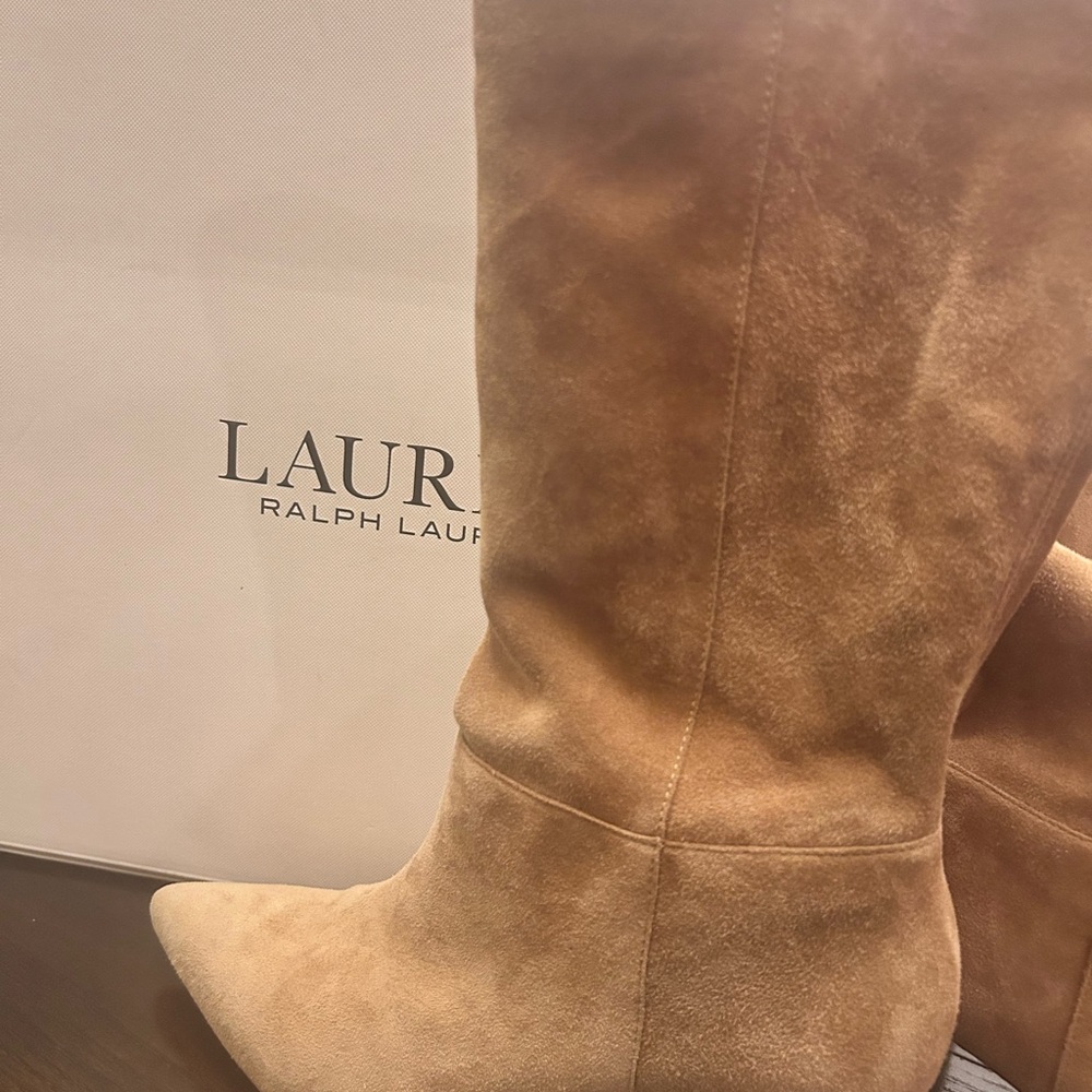 Ralph Lauren Camel Suede Heeled Boots mid calf 
2.5 heel height